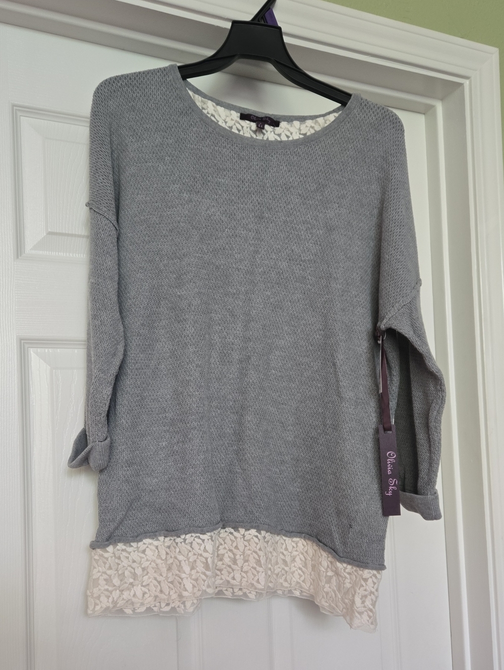 Olivia Sky Gray Knit Crewneck Sweater with Cream Lace Hem, L, NWT